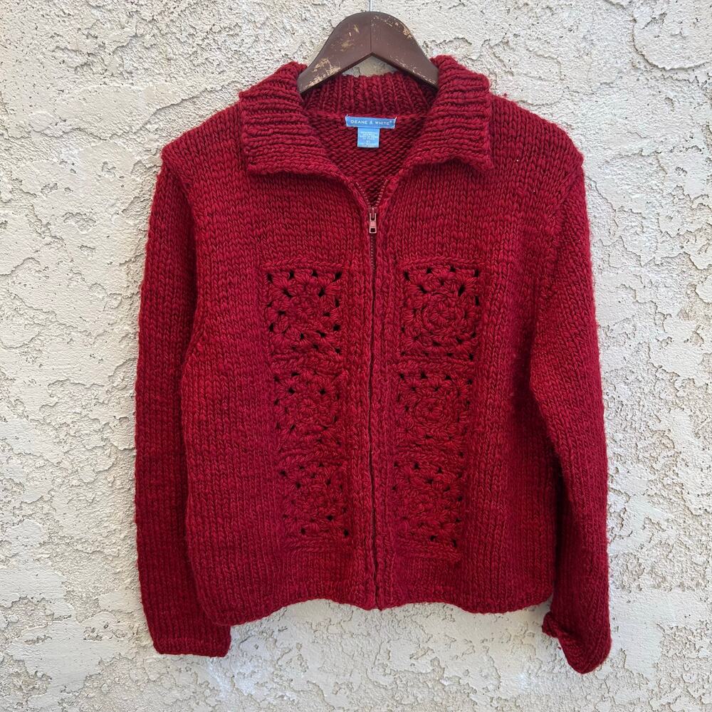 Vintage Deane & White Red Chunky Knit Zip Cardigan Size Womens XL